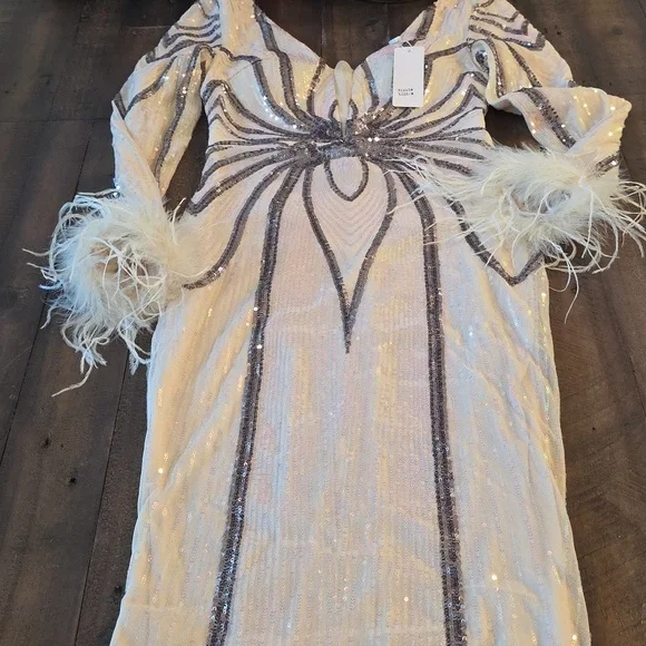 Gray and Cream Backless Embellished Gown with Bishop Sleeves - Picture 13 of 14